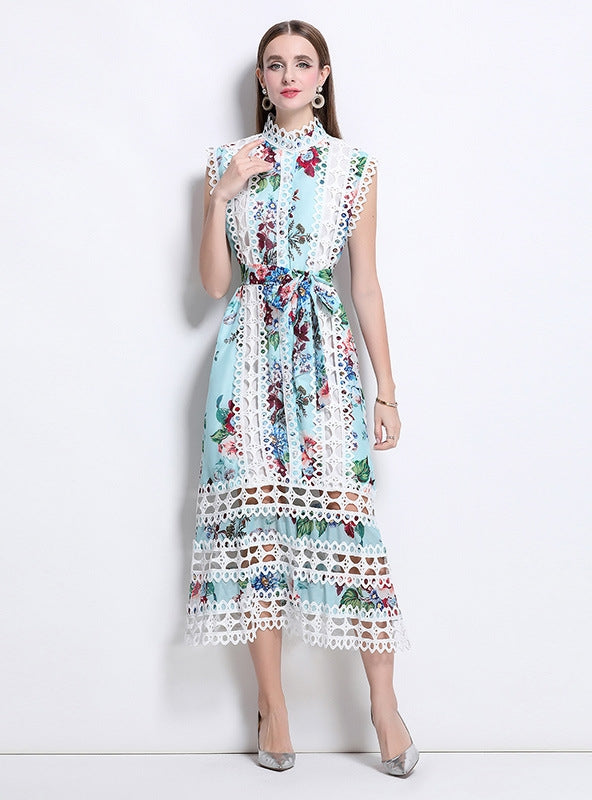 Openwork Lace Stitching Printed Dress