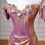 Pink Purple Off the Shoulder Beading Flower Prom Dress