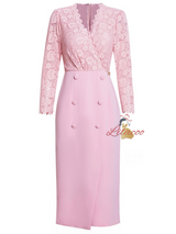 Pink Lace V-neck Long Sleeve Prom Dress