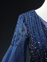 Navy Blue Sequins Long Sleeve Homecoming Dress