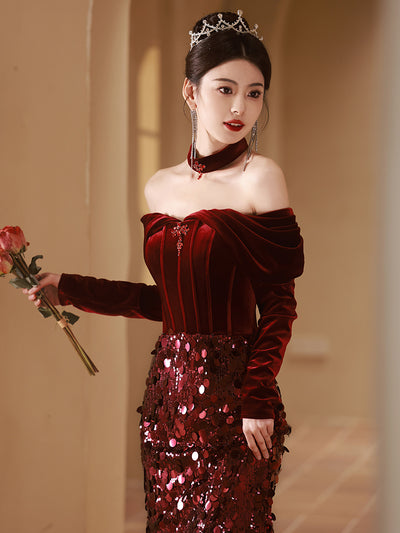 Burgundy Mermaid Sequins Velvet Prom Dress
