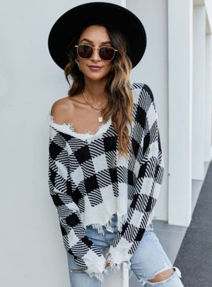 Loose Short V-neck Fringed Sweater