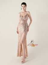 V-neck Mermaid Sequins Spaghetti Straps Beading Prom Dress