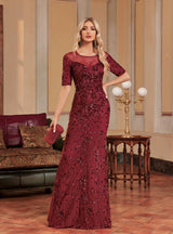 Burgundy Mermaid Sequins Short Sleeve Prom Dress