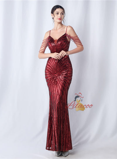 Mermaid Sequins Beading Spaghetti Straps Prom Dress