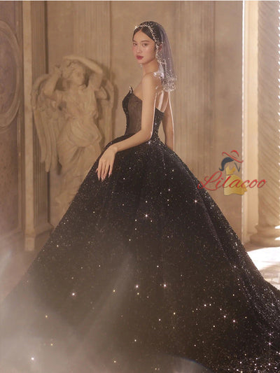 Black Sequins Strapless Beading Prom Dress