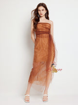 Lace Sequins Stitching Pleated Mesh Slit Dress