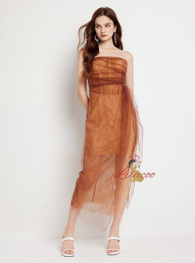 Lace Sequins Stitching Pleated Mesh Slit Dress