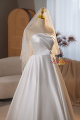 A-Line White Satin Pleats Wedding Dress