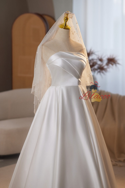 A-Line White Satin Pleats Wedding Dress