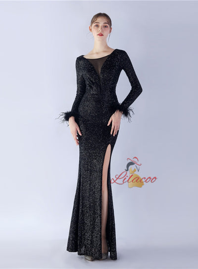 Long Sleeve Mermaid Sequins Prom Dress