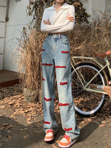 Letter Embroidered Straight Jeans