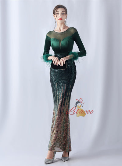 Sequins Long Sleeve Feather Prom Dress