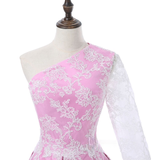 Pink Satin Lace One Shoulder Homecoming Dress