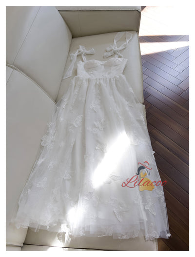 White Gauze Sling Bow Dress