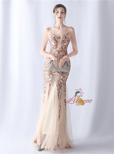 Sequins Tulle Straps Beading Prom Dress