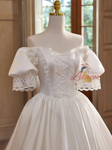 Vintage White Satin Lace Puff Sleeve Wedding Dress