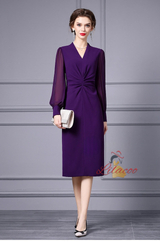 Purple V-neck Pleats Mother Of The Bride Dress