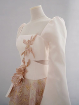 Champagne Long Sleeve 3D Flower Prom Dress