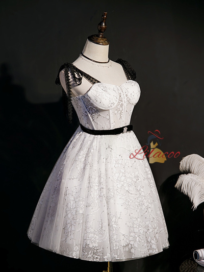 A-Line White Lace Straps Homecoming Dress