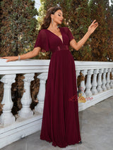 V-neck Chiffon Pleats Short Sleeve Prom Dress