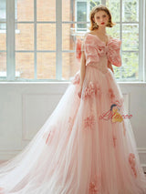 Pink Tulle Off the Shoulder Bow Prom Dress