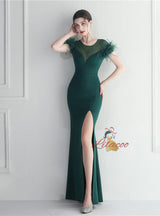 Blue Scoop Neck Split Feather Prom Dress