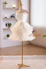 White Spaghetti Strap Tulle Pleats Homecoming Dress