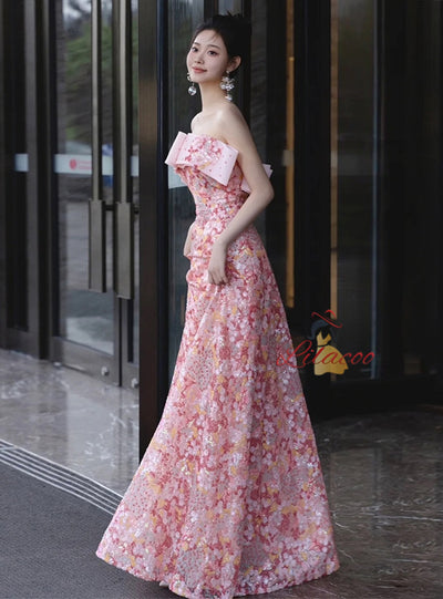 Pink Tulle Sequins Strapless Prom Dress