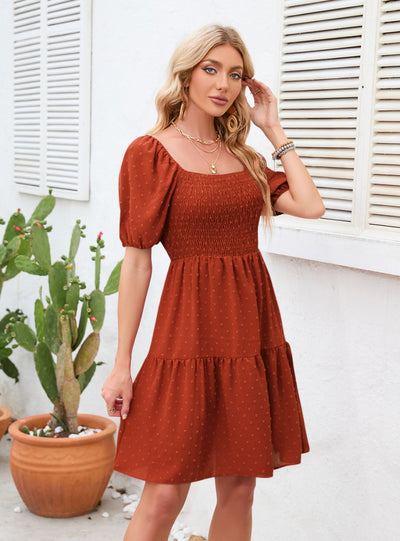 Square Neck Pleated Mini Dress