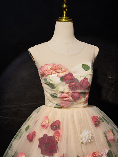 Champagne Tulle Flower Homecoming Dress