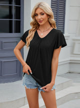 Solid Color Pleated V-neck Short-sleeved T-shirt
