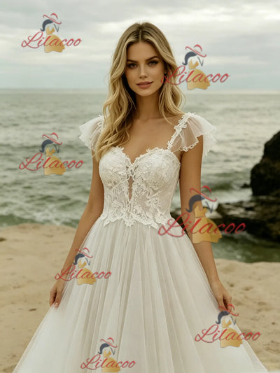 White Tulle Lace Straps Wedding Dress