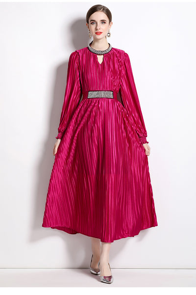 Round Neck Lantern Sleeve Beaded Pleated Dress