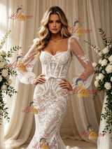 White Mermaid Tulle Lace Long Sleeve Wedding Dress