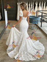 White Mermaid Lace Puff Sleeve Wedding Dress