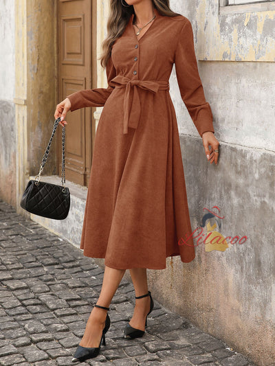 Brown Corduroy V-neck Joker Dress