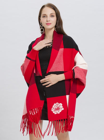 Plaid Fringed Knit Cardigan Shawl Coat