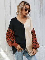 Loose V-neck Splicing Leopard Print Pullover Sweater