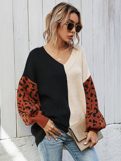 Loose V-neck Splicing Leopard Print Pullover Sweater