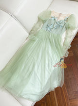 Green Gauze Long Sleeve Evening Dress