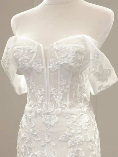 White Mermaid Tulle Appliques Wedding Dress