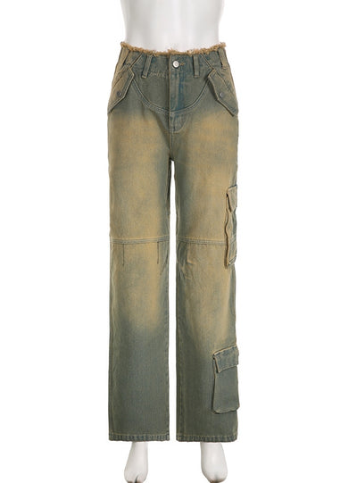Retro Low Waist Loose Pocket Raw Edge Jeans