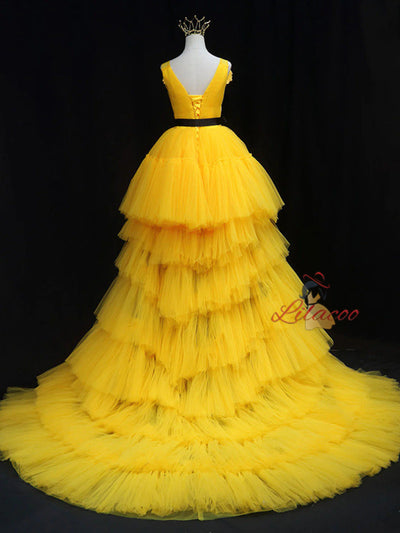Yellow Tulle Hi Lo Pleats Prom Dress