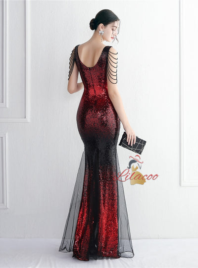 Sequins Tulle V-neck Split Prom Dress