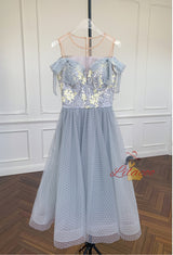 Gray Tulle Lace Pearls Prom Dress