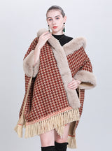 Plucked and Thickened Fur Collar Hooded Shawl