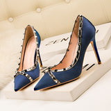 Thin Heels Riveted Satin Pointed Shoes