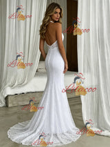 White Mermaid Lace Halter Wedding Dress