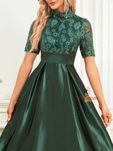 Short Sleeve Satin High Neck Prom Dress